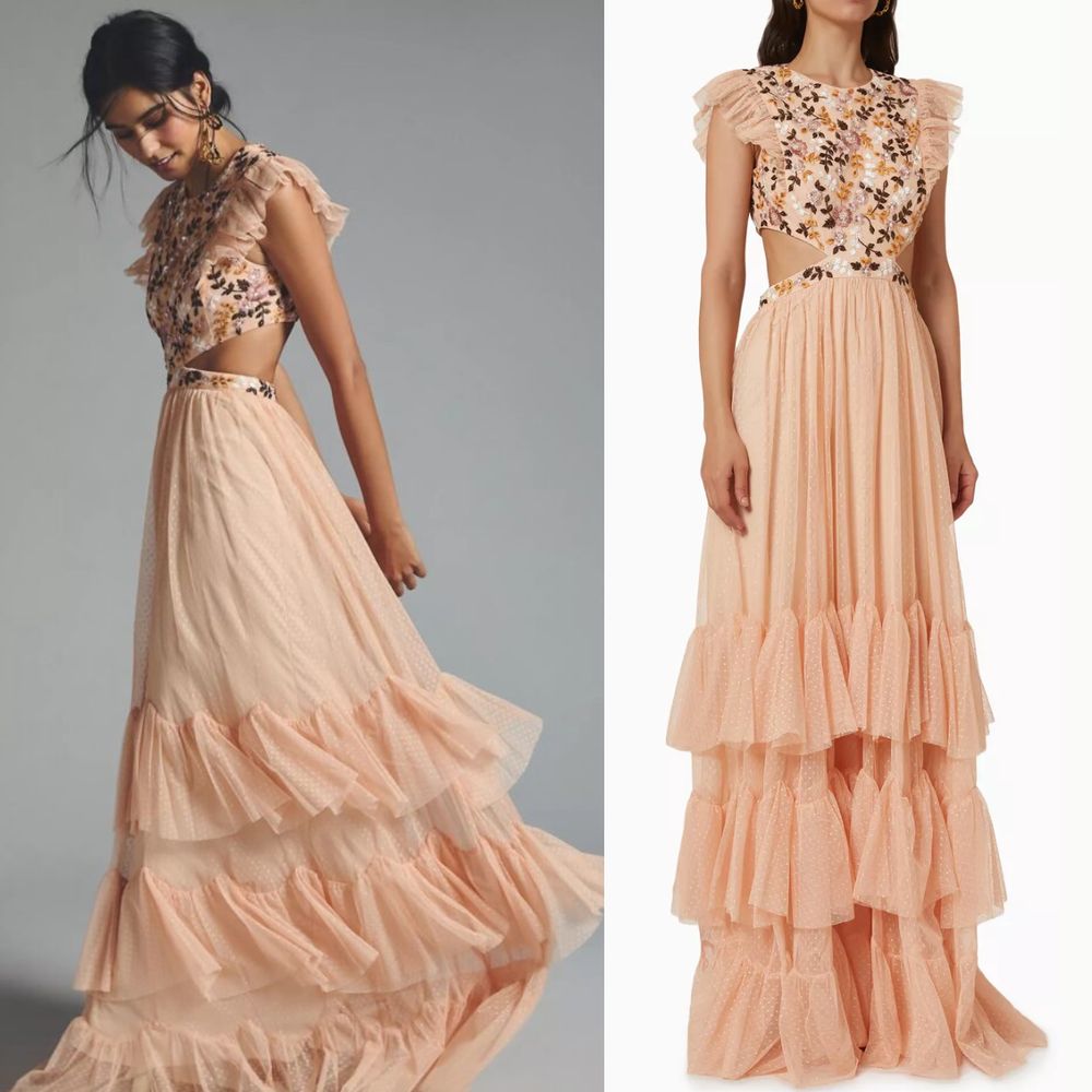 Nwt Mac Duggal Embroidered Bodice Cap Sleeve Ruffle Tiered Gown Apricot - Size 2